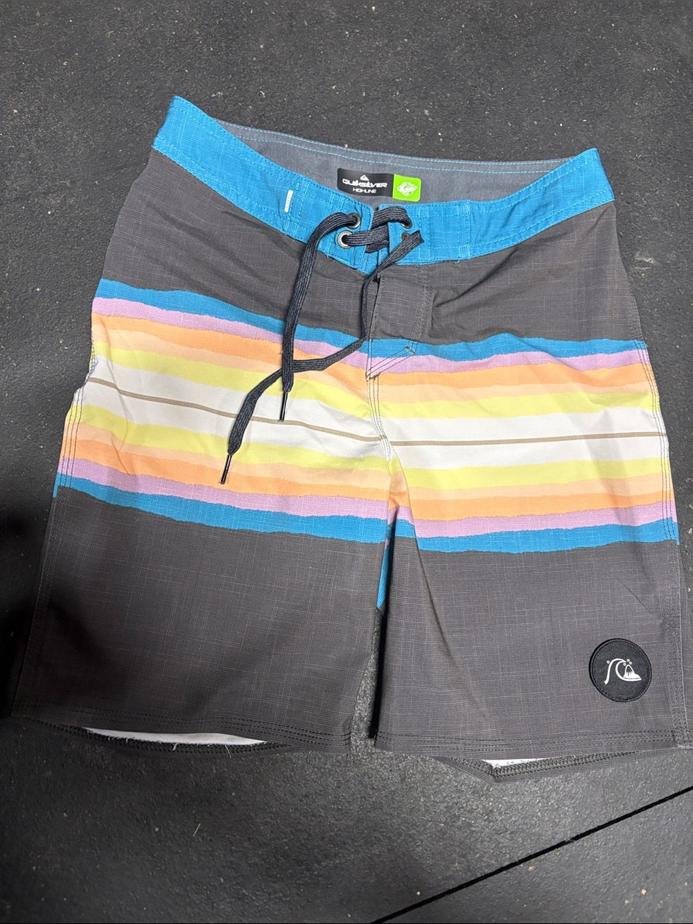 Quiksilver Gray Boardshorts with Blue, Pink & Yellow Stripes